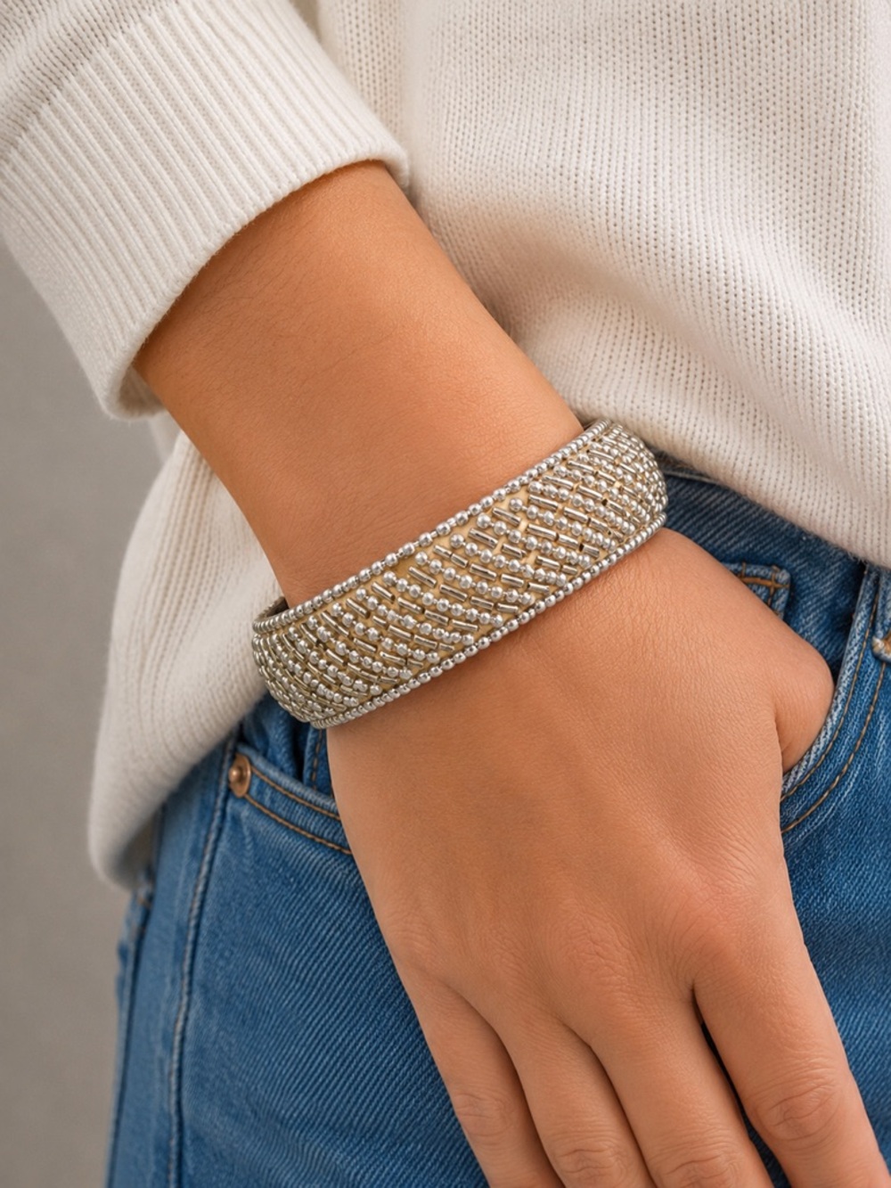 Chunky Gold Silver Mixed Metal Beaded Statement Bangle Bracelet